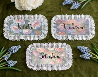 Personalized Floral Lace Name Cards | Custom Wedding Place Cards, Botanical Reception Decor