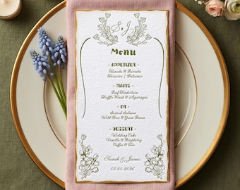 Personalized Letterpress Wedding Menu, Cotton Paper, Luxury Custom Dinner Menu, Bridal Shower & Reception Stationery