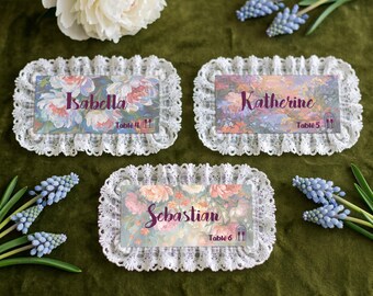 Personalized Floral Lace Name Cards with Table Number | Custom Wedding Place Cards, Botanical Reception Decor