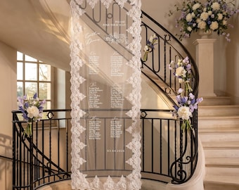 Custom Lace Wedding Seating Chart, Romantic Entrance Decor | Organza Backdrop with Stand | Sheer Tulle Ceremony Banner,  Reception Decor