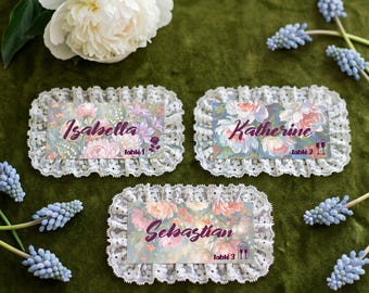 Personalized Floral Lace Name Cards with Table Number | Custom Wedding Place Cards, Botanical Reception Decor