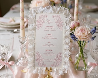 Personalized Lace Wedding Menu, Letterpress Cotton Dinner Menu, Bridal Shower & Reception Stationery