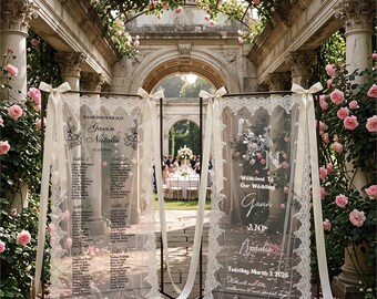 Custom Sheer Lace Wedding Seating Chart, Romantic Entrance Decor | Ethereal Fabric Backdrop | Elegant Floral Garden Party Seating Display