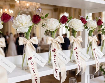 Personalized Ribbon Name Tag for Place cards, Satin Wedding Invitation Tag with Frayed Edge | Bridesmaid Hanger Bow, Custom Gift Tag