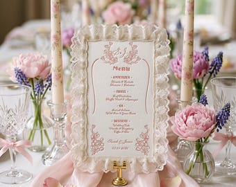 Personalized Lace Wedding Menu, Letterpress Cotton Dinner Menu, Bridal Shower & Reception Stationery