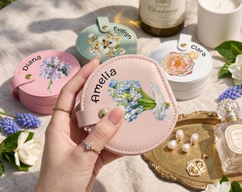Personalized Floral Travel Jewelry Box with Handle | Custom Name Leather Case, Botanical Design for Rings, Earrings | Bridesmaid Gift