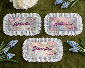 Personalized Floral Lace Name Cards with Table Number | Custom Wedding Place Cards, Botanical Reception Decor