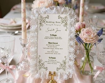 Personalized Lace Wedding Menu, Letterpress Cotton Dinner Menu, Event Menus, Bridal Shower & Reception Stationery