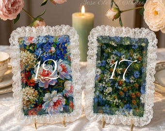 Personalized Floral Lace Table Numbers, Vintage Wedding Sign, Nature Inspired Reception Decor