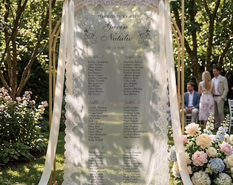 Custom Lace Wedding Seating Chart, Romantic Entrance Decor | Organza Backdrop with Stand | Sheer Tulle Ceremony Banner,  Reception Decor