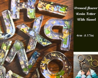 Pressed Flower Resin Letter Keychain, Botanical Charm, Personalized Name Tassel Bag Accessory