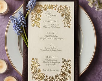 Personalized Gold Foil Wedding Menu | Debossed Cotton Cardstock Dinner Stationery, Letterpress Menus for Reception