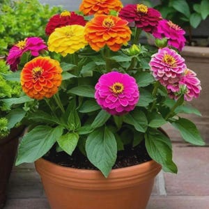 May include: A terracotta pot filled with vibrant zinnias in shades of red, orange, yellow, and pink. The flowers have layered petals and surround a yellow center. The plant has green leaves and is set on a brick surface.