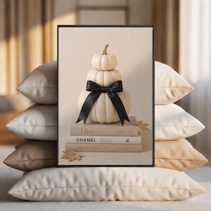 Luxury Autumn Pumpkin Stack Print, Neutral Beige Glam Wall Art, Fall Home Decor
