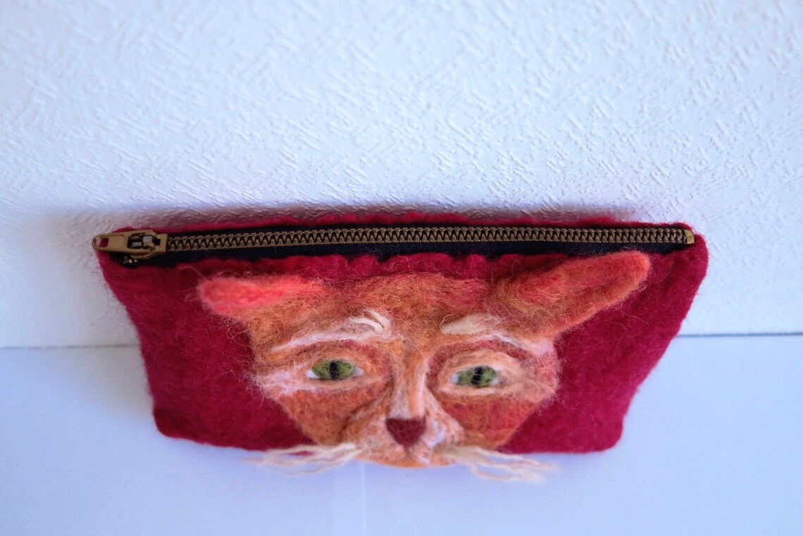 Cat belt bag felted wool pouch with cat face pink zippered | Etsy