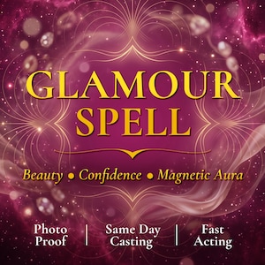 Puede incluir: Un gráfico digital con fondo magenta intenso y texto dorado que dice GLAMOUR SPELL, Beauty, Confidence, Magnetic Aura, Photo Proof, Same Day Casting y Fast Acting. El diseño incluye líneas doradas en espiral y efectos de luz bokeh.