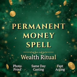 May include: A dark green background with gold text that reads "PERMANENT MONEY SPELL" and "Wealth Ritual". Gold coins are scattered around the text. The text "Photo Proof", "Same Day Casting", and "Fast Acting" are also present.