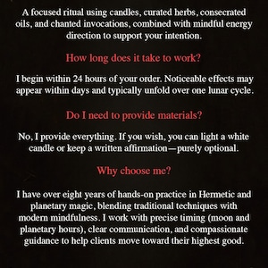 May include: Dark background with white text, titled "Q&A". Text answers questions about a ritual using candles, herbs, and oils. The seller, "Spells by Serena," offers Hermetic and planetary magic services.