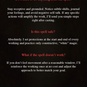K&ouml;nnte beinhalten: Eine schwarze Infografik mit dem Titel Q&A, roten &Uuml;berschriften und wei&szlig;em Text. Der Inhalt behandelt Handlungen nach dem Zauber, Sicherheit und Wirksamkeit. Unten steht SPELLS BY SERENA Hermetic and planetary magic mit Kerzensymbolen.