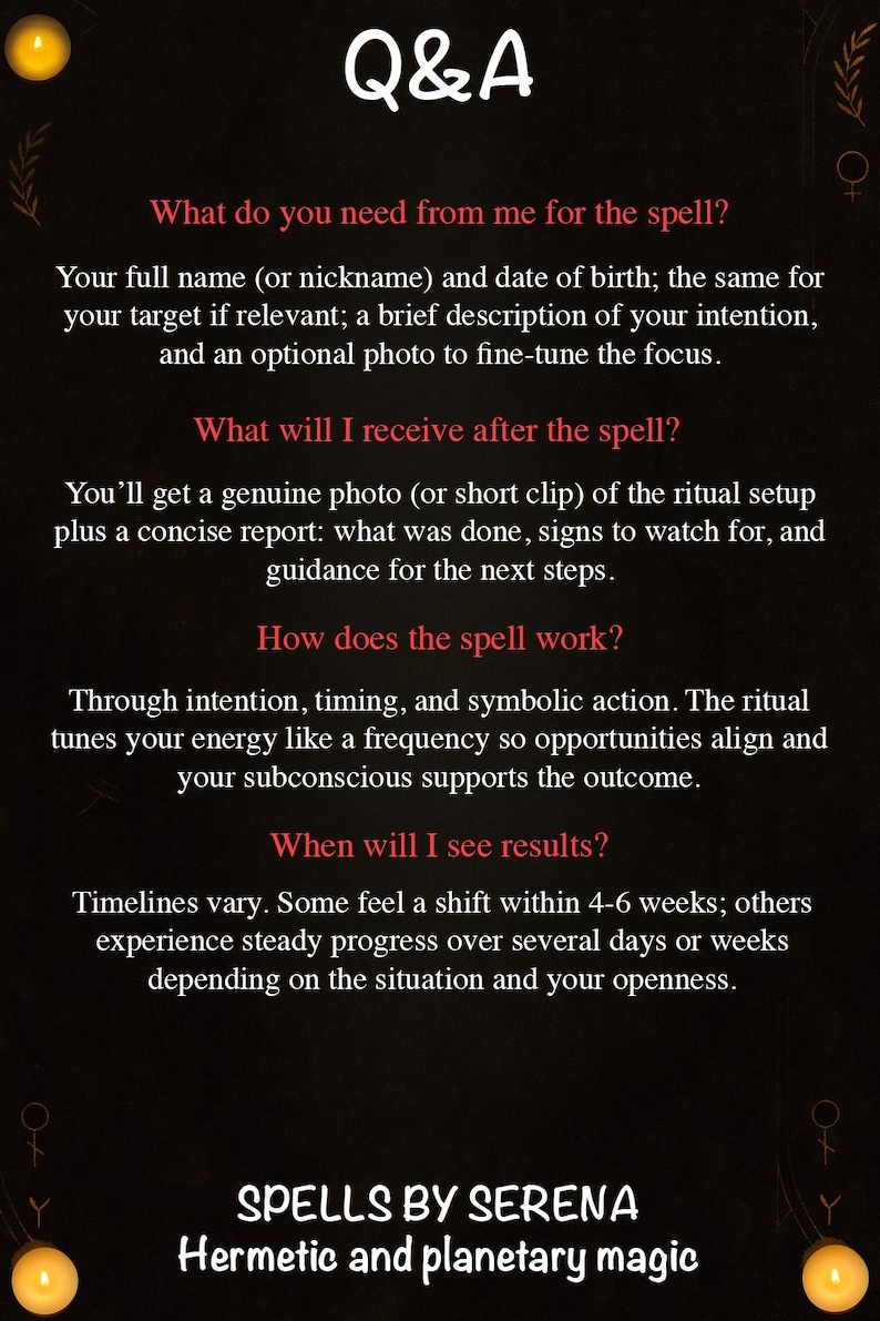 May include: A dark background with white text that reads "Q&A" at the top. The text below answers questions about a spell, including what is needed, what will be received, how it works, and when results may be seen. The text is in a serif font.