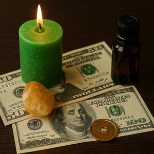 May include: A lit green pillar candle, a small amber-colored polished stone, a dark brown glass dropper bottle, a gold-toned round coin with a square center hole, and two United States banknotes, one fifty-dollar bill and one hundred-dollar bill.