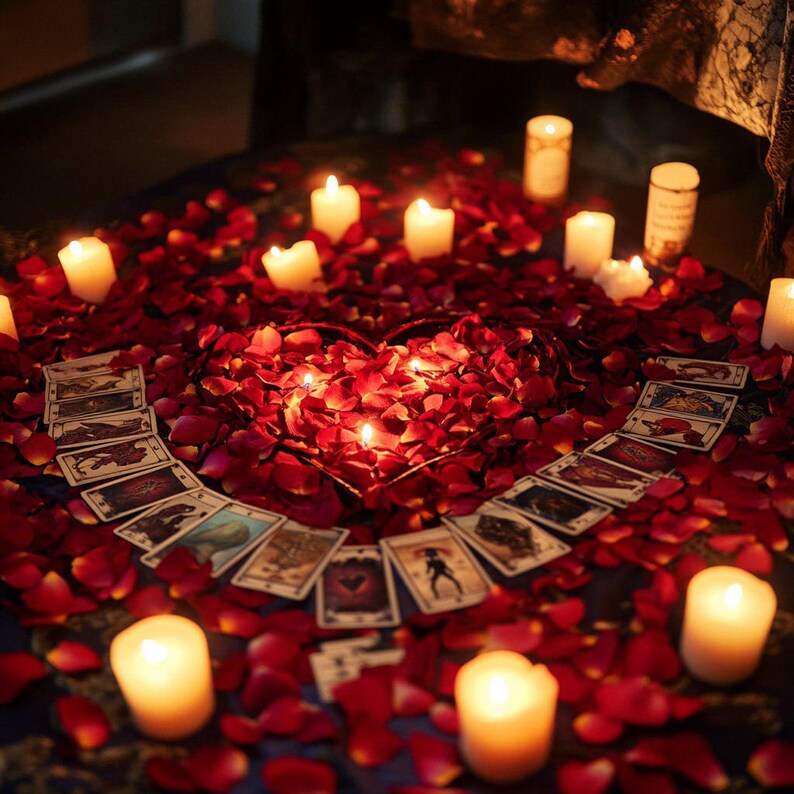Op de afbeelding: Een romantische sc&egrave;ne met een hartvormige opstelling van rode rozenblaadjes, omringd door brandende kaarsen en tarotkaarten. De kaarsen geven een warme gloed, wat de intieme sfeer versterkt. De tarotkaarten zijn in een halve cirkel gerangschikt.