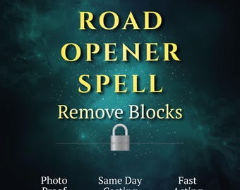 Könnte beinhalten: Ein Bild mit dunkelblaugrünem Hintergrund und gelbem Text, der "ROAD OPENER SPELL" und "Remove Blocks" lautet. Ein silbernes Vorhängeschloss ist unter dem Text zentriert. Zusätzlicher Text unten lautet "Photo Proof", "Same Day Casting" und "Fast Acting".