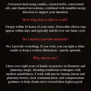 Op de afbeelding: Donkere achtergrond met witte tekst, getiteld "Q&A". De tekst beantwoordt vragen over een ritueel met kaarsen, kruiden en oli&euml;n. De verkoper, "Spells by Serena", biedt hermetische en planetaire magie aan.
