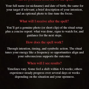 May include: A dark background with white text that reads "Q&A" at the top. The text below answers questions about a spell, including what is needed, what will be received, how it works, and when results may be seen. The text is in a serif font.