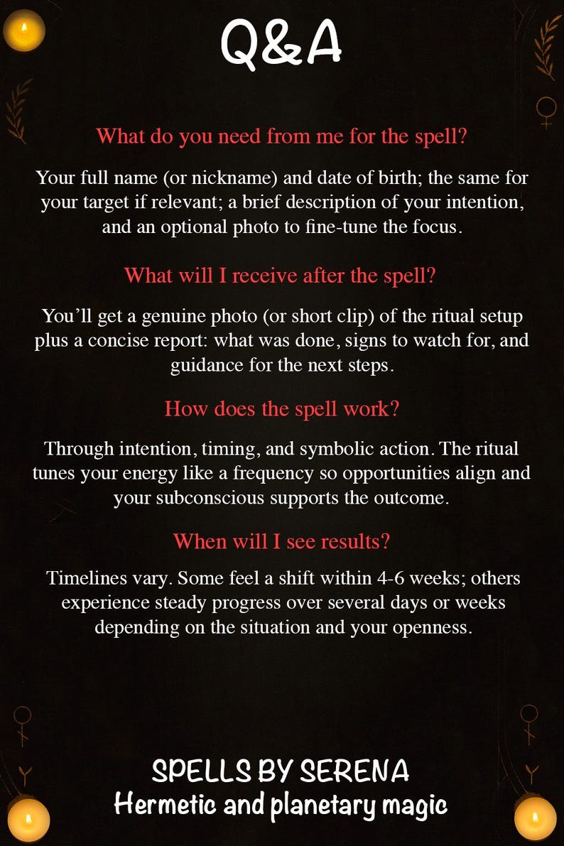 May include: A dark background with white text that reads "Q&A" at the top. The text below answers questions about a spell, including what is needed, what will be received, how it works, and when results may be seen. The text is in a serif font.