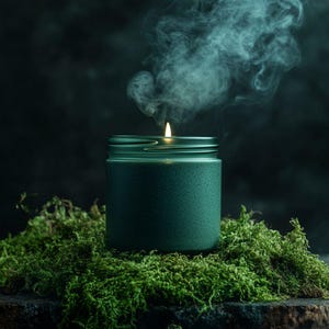 May include: A dark green cylindrical candle jar with a textured matte finish, containing a lit candle that emits a thin trail of white smoke. The candle is nestled within a cluster of vibrant green moss, creating a natural and earthy visual contrast.