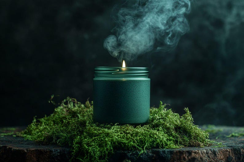 May include: A dark green cylindrical candle jar with a textured matte finish, containing a lit candle that emits a thin trail of white smoke. The candle is nestled within a cluster of vibrant green moss, creating a natural and earthy visual contrast.