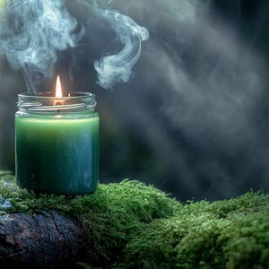 May include: A green candle in a clear glass jar with a lit wick emitting a thin trail of white smoke. The candle is positioned on a textured, moss-covered log, with the flame providing a bright contrast against the dark, moody surroundings.