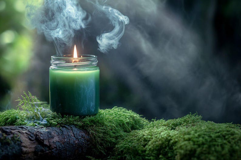 May include: A green candle in a clear glass jar with a lit wick emitting a thin trail of white smoke. The candle is positioned on a textured, moss-covered log, with the flame providing a bright contrast against the dark, moody surroundings.
