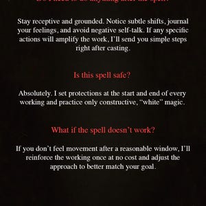Op de afbeelding: Donkere afbeelding met witte tekst met vragen en antwoorden over spreuken. De tekst bevat informatie over wat te doen na een spreuk, veiligheid en wat er gebeurt als een spreuk niet werkt. De afbeelding is van "Spells by Serena."