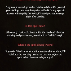 May include: A dark background with white text that reads "Q&A" at the top. The text answers questions about spells, including safety and what to do after a spell. The bottom of the image says "Spells by Serena, Hermetic and planetary magic."