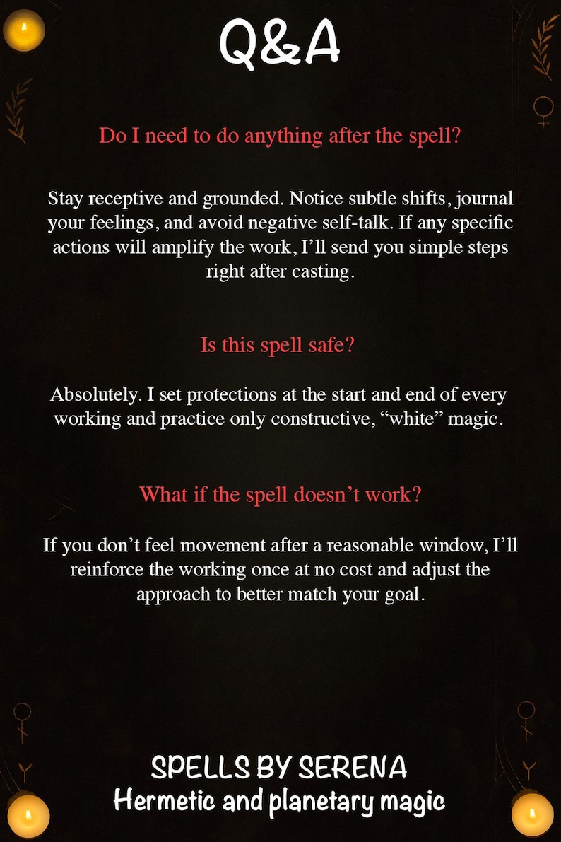 May include: A dark background with white text that reads "Q&A" at the top. The text answers questions about spells, including safety and what to do after a spell. The bottom of the image says "Spells by Serena, Hermetic and planetary magic."