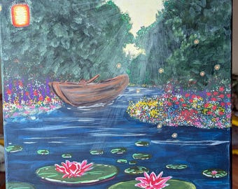Handmade Acrylic Pond Painting: Water Lilies, Boat, Lanterns, Serene Scenery