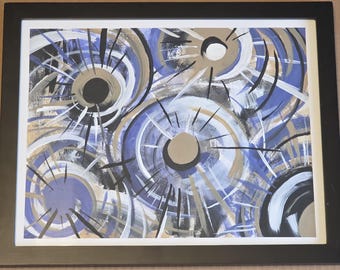 Abstract Painting 11x14" Bristol, Black Periwinkle Gold Beige Frame