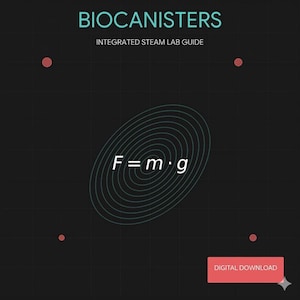 Puede incluir: Gráfico digital con el texto "BIOCANISTERS" y "INTEGRATED STEAM LAB GUIDE" en color turquesa. Un óvalo turquesa con círculos concéntricos contiene la fórmula "F=m⋅g". El fondo es negro con un patrón de cuadrícula y puntos rojos.