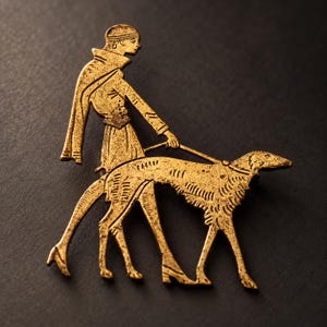 Art Deco Lady Walking Borzoi Brooch, Vintage Inspired Flapper Dog Lapel Pin, Elegant Figural Jewelry