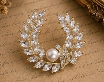 Pearl Laurel Wreath Brooch, Gold Crystal Lapel Pin, Vintage Leaf Design