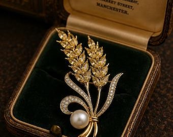 Gold Pearl Wheat Brooch, Crystal Botanical Lapel Pin, Elegant Harvest Design