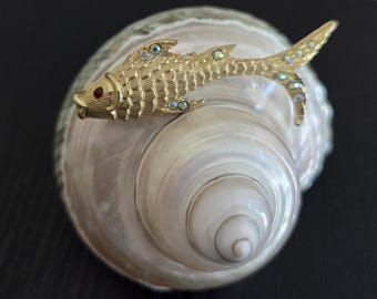 Vintage Gold-Tone Koi Fish Brooch with Aurora Borealis and Ruby Red Rhinestones
