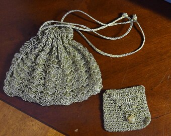 Vintage 50's Drawstring Crochet Evening Bag and Coin Purse Set