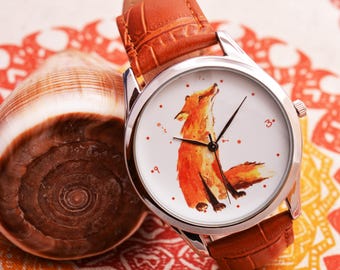 Reloj de bolsillo con estampado de zorro rojo en acuarela, joyería artística con motivos de animales, regalo para ella, correa de cuero ecológico, acero inoxidable.