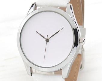 Minimalistisch wit horloge, strakke wijzerplaat, eco-leren band, moderne stijl, roestvrij staal