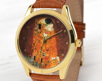 Montre Gustav Klimt The Kiss, montre-bracelet inspirée de l'art en or, design de peinture classique