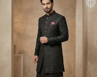 Black Sequin Embroidered Sherwani Jacket – Hand Embellished Indian Groom Wear