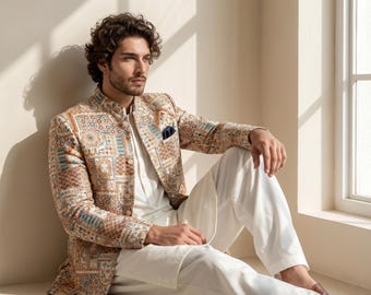 Tapestry Patchwork Embroidered Ivory Prince Coat | Artisan Wedding Banquet Jacket | Multicolor Bandhgala Groom Formal Suit Men XS-XXL